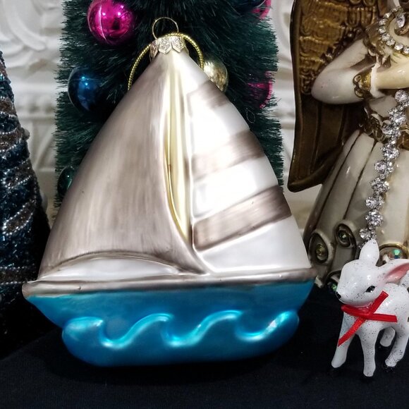 Large Blown Glass Sailboat Christmas Ornament Sailing - Picture 4 of 4